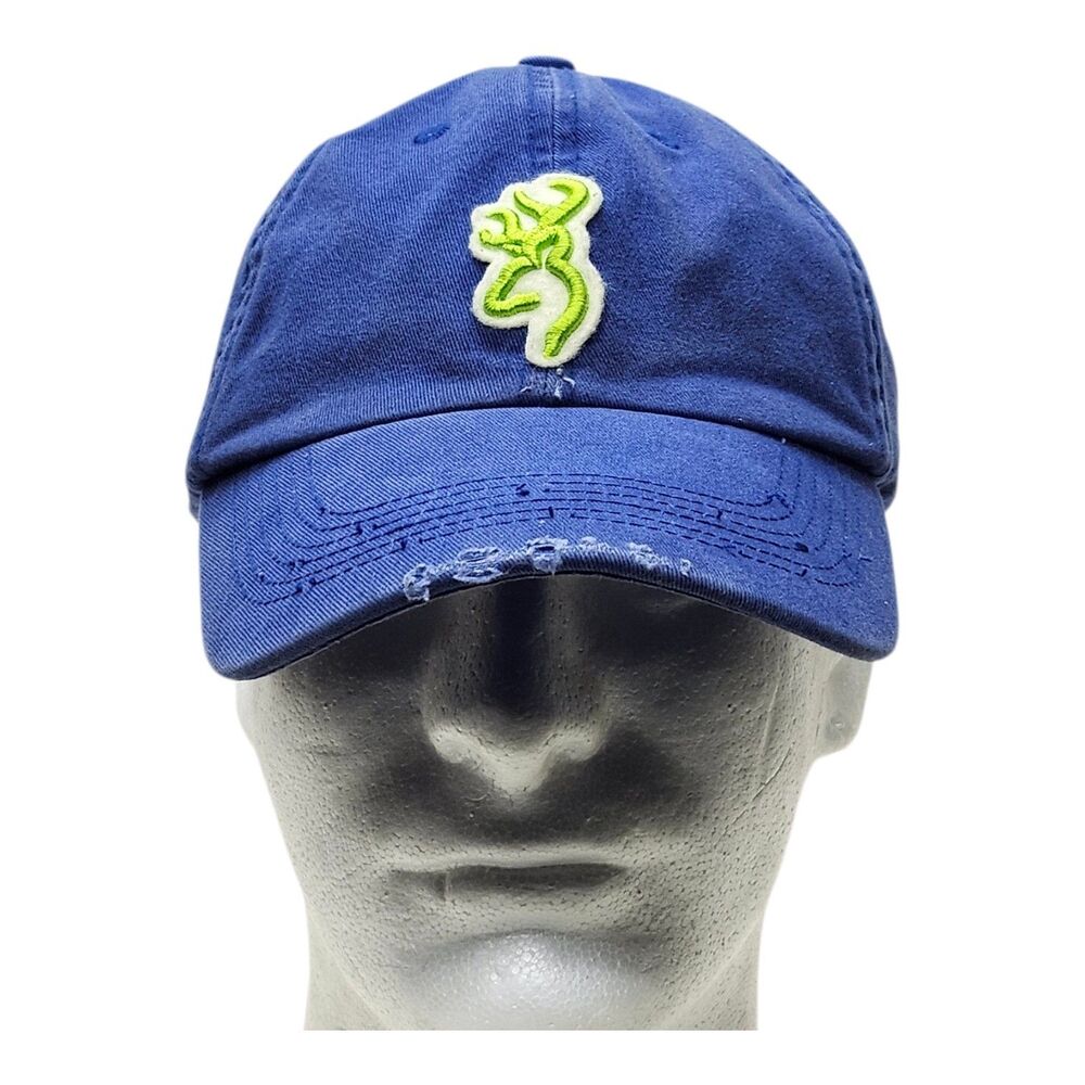 Browning Buckmark Hat Blue Cotton Distressed Adjustable Leather Strap Cap
